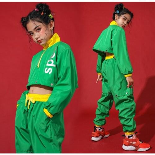 Green Hip Hop Costumes For Girls Street Dance Rave Outfit Kids Jazz Dance Practice Dancing Wear Performance Clothing DC3522