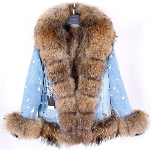Maomaokong2021 new winter real natural raccoon fox fur collar denim jacket short parka female rabbit fur lining Womens Fur coat