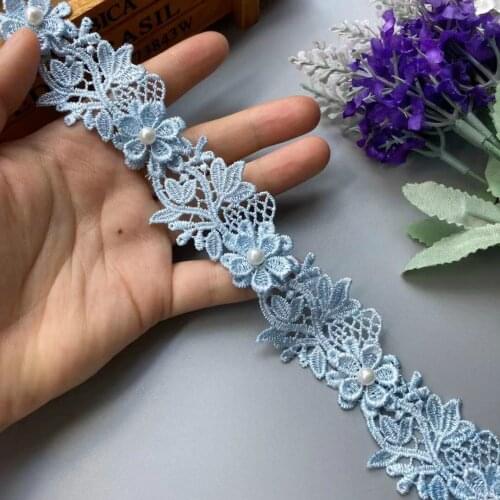 2 Yard Blue Pearl Flower Embroidered Soluble Polyester Fabric Lace Trim Ribbon Handmade Sewing Craft For Costume Hat Decoration