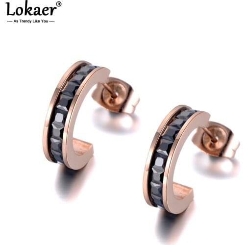 Lokaer Black & White Cubic Zirconia Stud Earrings For Women Girls Rose Gold Stainless Steel Crystal Ear Jewelry Oorbellen E19002