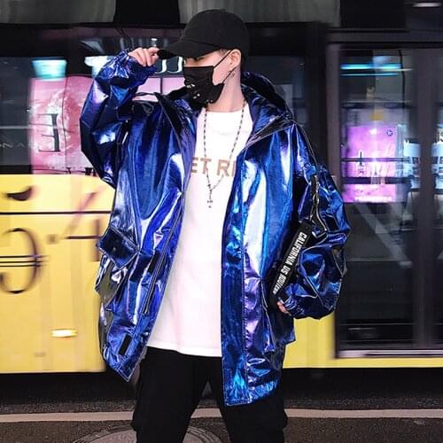 2019 New Fashion Male Nightclub Show Pu Leather Coat Jacket Loose Coat Team Windbreaker Streetwear Hip Hop Blue