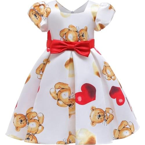 Girls Dresses new children dresses birthday childrens wear puff sleeves bear heart-shaped print princess dress Skirt