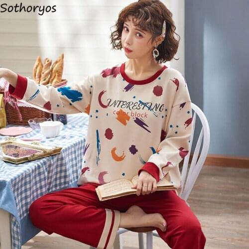 Pajama Sets Women Printed Spring Autumn Long Sleeve Round Neck Casual Cozy Cute Fashion Female Sleepwear Cotton Loungewear New