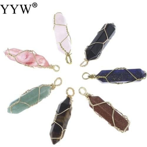 Real Pink Quartz Crystal Lapis Lazuli Stone Charm Pendents Created Gemstone Pendant DIY for Necklace Gold-color Wire Jewelry