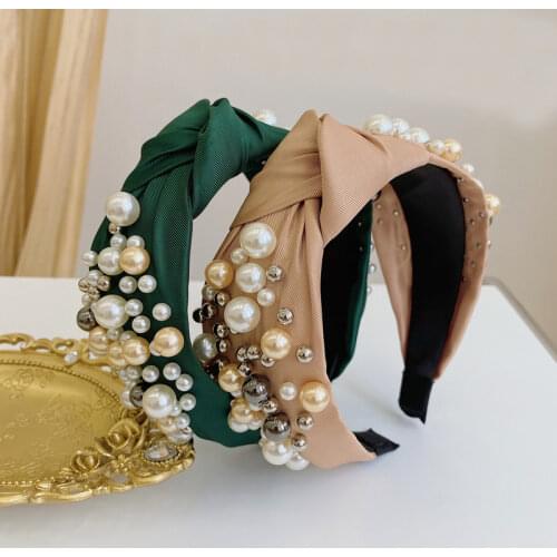 Vintage Large Small Pearl Headbands Knotted Retro Women Hairbands Three Color Beads Turban Tiara Fashion Headwear Head Hoop