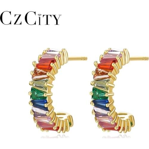 CZCITY Stud Earrings 925 Sterling Silver Rainbow Color Gemstone Fine Jewelry for Women Dating Birthday Christmas Gifts Orecchini