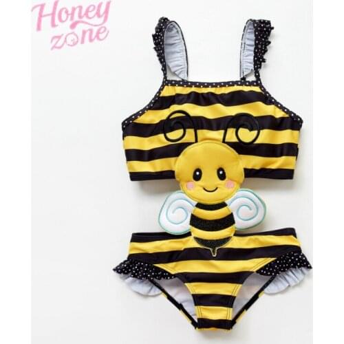 Honeyzone Newborn Baby Girls One Piece Cartoon Bee Insect Embroidery Kids Girls Swimwear Bathing Suit Banadores Bebes Nina Set