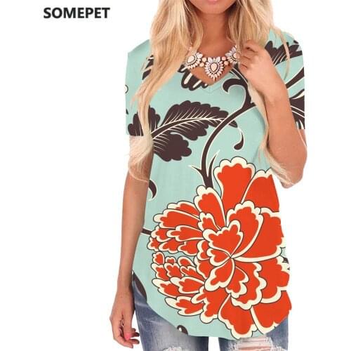 SOMEPET Colorful T-shirt women Flowers V-neck Tshirt Leaf Shirt Print Creativity Tshirts Printed Womens Clothing Fashion Cool