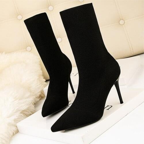 Stretch knitted socks boots women slim leg slip on thin high heels chelsea botas pointed toe solid fabric mid-calf botines mujer