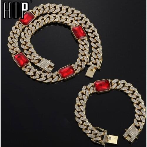 Hip Hop 12MM 2pcs Kit Bling Iced Out Square Blue Red Gem Crystal Cuban Link Chain AAA Mens Bracelet Necklace for Women Jewelry