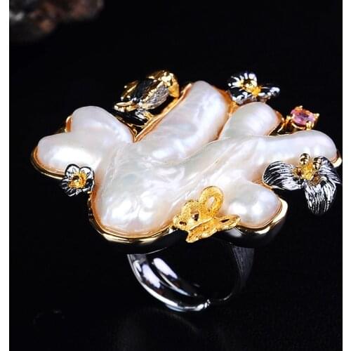 High-end Custom Jewelry Natural Baroque Big Pearl S925 Sterling Silver Women Fashion Jewelry Wholesale Open Ended Ring