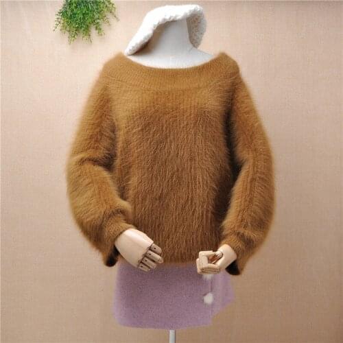 Top quality thick warm winter hairy fluffy mink cashmere knitted slash neck long falre sleeve pullover angora fur jumper sweater