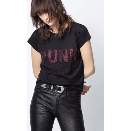 Summer New Black T-shirt For Women Letter Printed Short Sleeve O Neck Casual Female Cotton Tops With Sequin Decoration