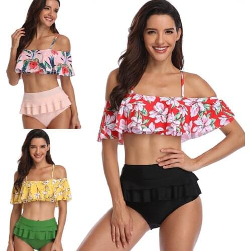 Women Sexy Bathing Suit Off Shoulder Swimsuit High Waisted Floral Print Swimwear Brazilian Bikinis Beachwear Ruffle Female Suit