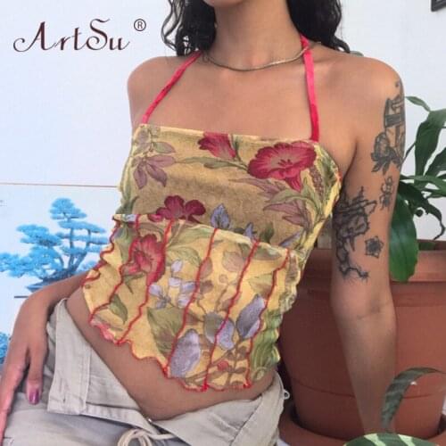 ArtSu Vintage Y2K Mesh Floral Print Halter Top Backless Sexy Corset Tops Women Sleeveless Tie Up Summer Cropped Top Tanks