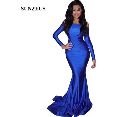 Off Shoulder Long Sleeves Royal Blue Evening Dresses Simple Elegant Long Formal Jersey Dress Women Party Gowns