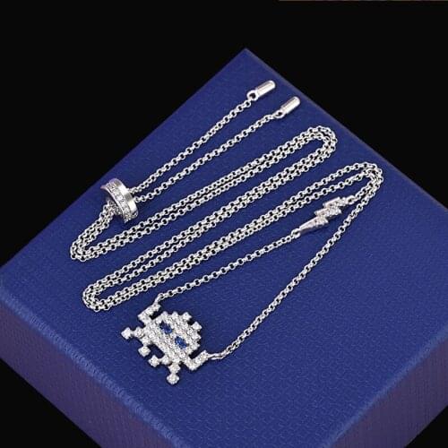 AAA Quality Pendant Necklace for Women Fashion Micro Paved Top Cubic Zirconia Cute Robot Flexible Free Chain Silver Necklace