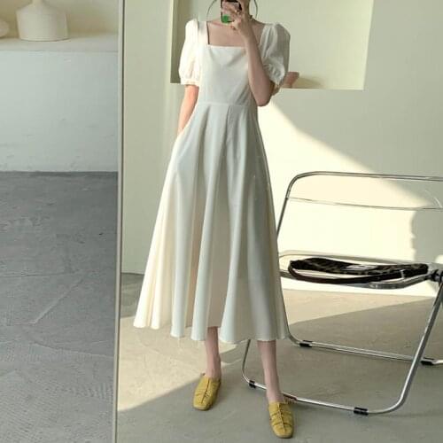 Bella Philosophy 2021 Korean Fashion Temperament Summer Dress Casual High Waist Square Collar Puff Sleeve Vintage French Dress