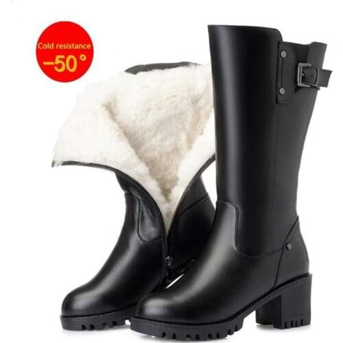 Winter Warm Boots Women High Heel Knee High Boots Black Waterproof Thick Heel Fur Women Boots Snow Boots