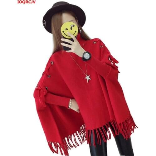 Winter Sweater Pullovers 2021 Women Large Size Loose Tassel Cloak Kintted Tops Spring Bat Sleeved Turtleneck Knitted Sweater 972
