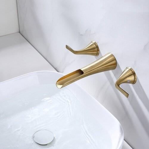 Gold or Black Wall mounted Brass bathroom sink faucet High quality Copper Two handle Three hole basin mixer faucet Waterfall tap
