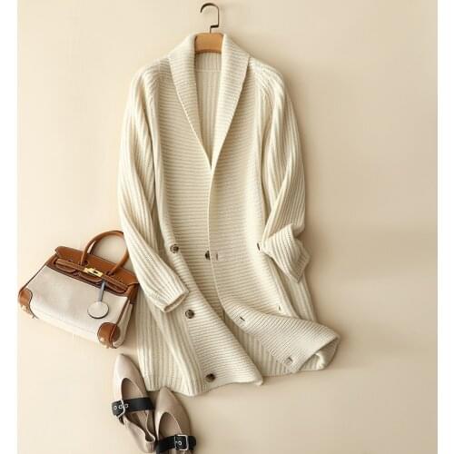 2021 luxury 100% cashmere cardigan coat women knitted oversized winter thick france style chic outerwear for christmas gift