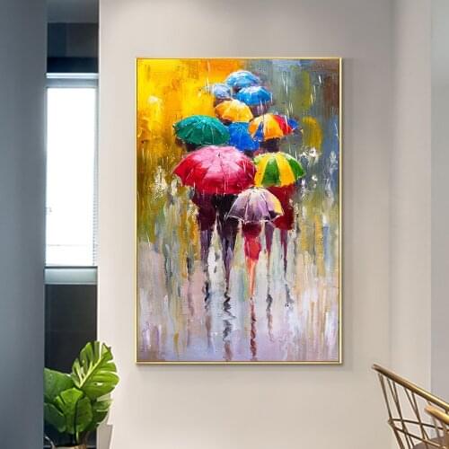 Abstract Painting On Canvas People In the Rain With Colorful Umbrellas Poster And Print Wall Art Picture For Home Decoration