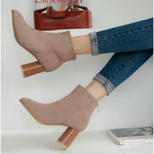 Women Faux Suede Ankle Boots Fashion Zipper Square Toe Short Boots Thick High Heel Autumn Winter Lady Shoes Black Wine Red