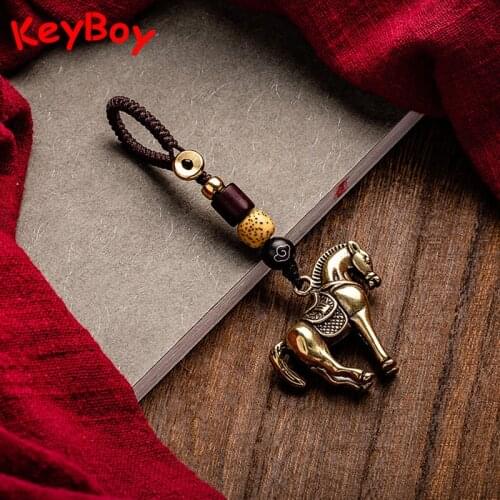Bronze Horse Zodiac Animal Car Key Chain Pendants Vintage Copper Feng Shui Waist Buckle Braided Rope Keychains Hangings Jewelry