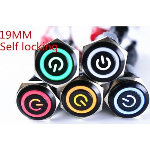 19mm Black Waterproof Self locking Maintained Flat Round Stainless Steel Metal Push Button Switch LED Light Car Horn Auto Lock H