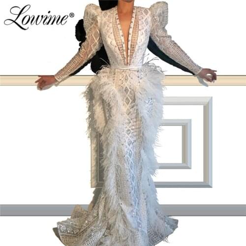 Deep V Neck Feathers Evening Dresses Long Mermaid Dubai Arabic Party Gowns 2020 Robe De Soiree Sequined Prom Dress Abendkleider