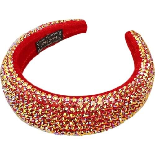 Women Sponge Padded Velvet Wide Headband Sparkling Holographic AB Resin Rhinestone Hair Hoop Luxurious Jewelry Headdress C1FE