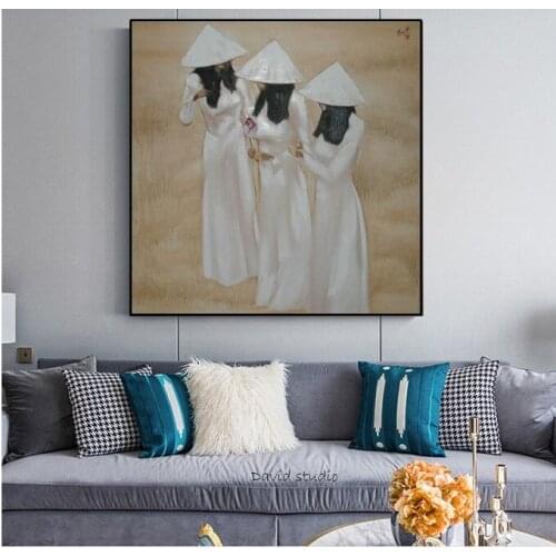 Hand Pained Oil Painting Abstract Art School Girl in Folk Costume Vietnamese Art for Living Room Wall Decoration