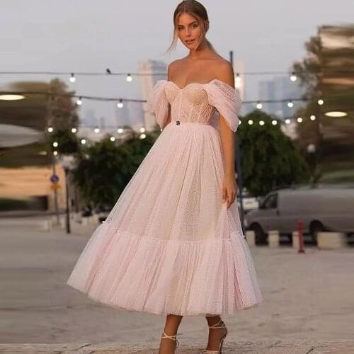 Short Wedding Dress Tea Length Blush Pink Off the Shoulder Sweetheart Dot Tulle Elegant Wedding Bride Gown For Party Reception