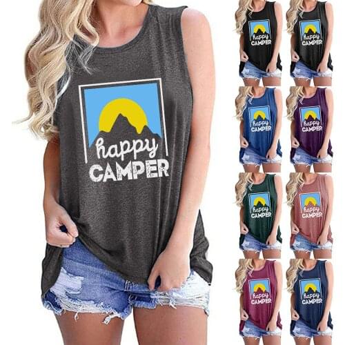 Happy Camper Print Tank Tops Women Summer New Plus Size Womens Sleeveless T-Shirt O-Neck Casual Cotton Harajuk Vest Dropship