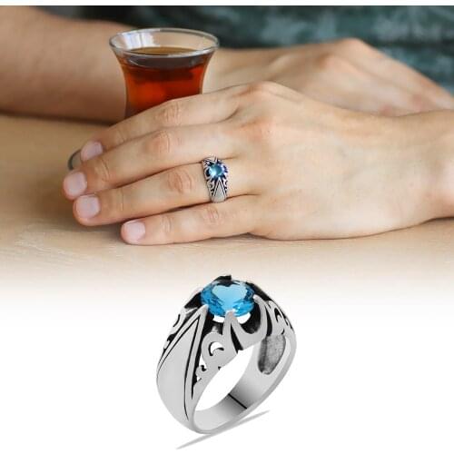 Tesbihane Blue Zircon Stone Minimal Design 925 Sterling Silver Men 'S Ring