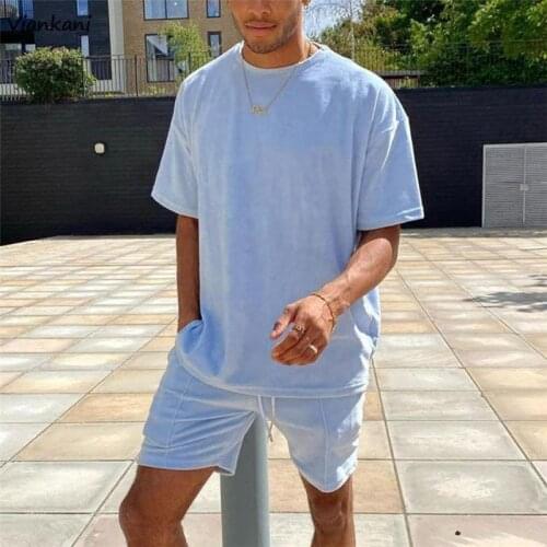 Mens Suit 2021 New Fashion Comfortable Loose Short sleeve Top+Shorts Two-piece Sets Summer Sportswear Casual Mens Clothing