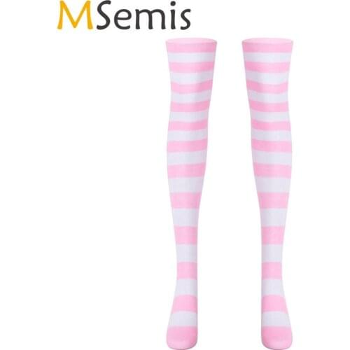 MSemis Women Girls Long Knee Sock Cute Striped Socks Thigh High Over Knee Stocking Leg Warmer Anime Preppy Socks Stockings