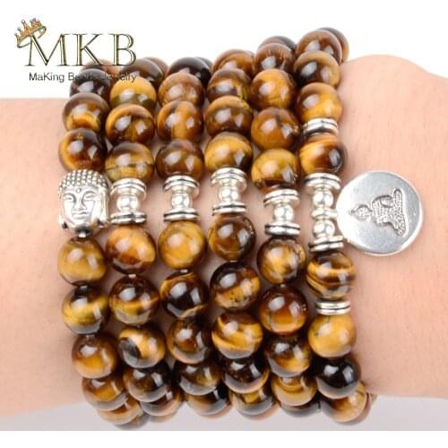 Wholesale Natural Stone Beaded Bracelet 108pcs Yellow Tiger Eye Mala Beads Buddha Charm Bracelets For Women Men Jewelry Gifts