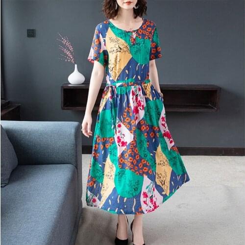 Summer Casual Loose Print Cotton Linen Dress 2021 Women Blue Vintage 2XL Plus Size Elegant Midi Sundress Bodycon Party Vestidos