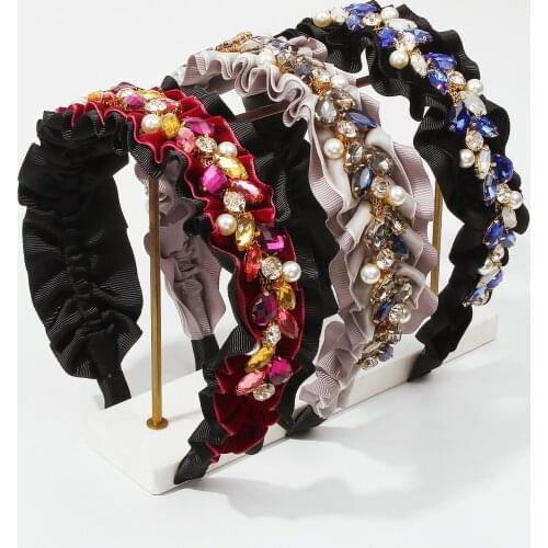 Luxury Sparkly Gray Crystal Bridal Hairband New Fashion Corrugated Fabric Baroque Headband with Colored Rhinestones Hair Wear