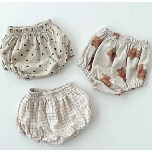 Korean Bear Printed Baby Shorts Vintage Linen Cotton Infant Bloomer Kids Short Pants Toddler Girls Clothing Soft Breathable