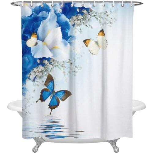 Lily Flowers Butterfly Water Surface Shower Curtain Home Bath Decorative Waterproof Polyester Fabric Bathroom Curtain