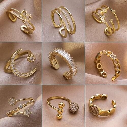 Korean Style Crystal Zircon Rhinestone Heart Star Moon Rings for Women Geometric Gothic Wedding Jewellery Party Accessories C088