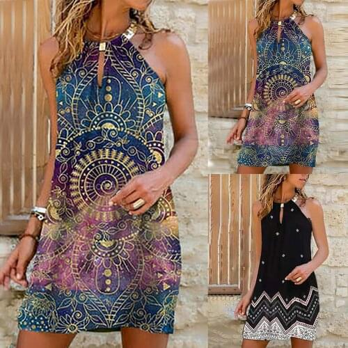 Летние платья 2021 Womens Summer Casual Fashion Metal Hanging Neck Print Sleeveless Dress dresses vestidos de mujer casual