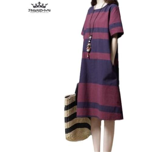 Tnlnzhyn 2019 New Summer Women Plus Size Cotton Linen Dress Vintage Stripes O- neck Short sleeve Linen Dress Casual Dress Y1171