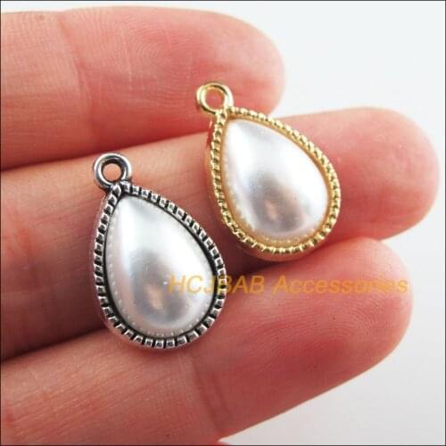 20Pcs Retro Gold Tibetan Silver Tone White Acrylic Teardrop Charms Pendants 13x19.5mm