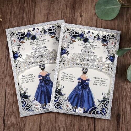 50pcs Silver Luxury Shining Wedding Invitations Cards Laser Cut Pocket for Wedding/Quinceanera/Birthday