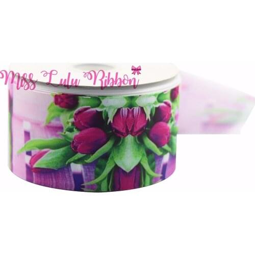6mm-75mm Purple Tulip Flower Printed Grosgrain Ribbon/ Elastic Ribbon 3/8"9mm Diy Handmade Hair Bows Wedding Decoration 50 yards