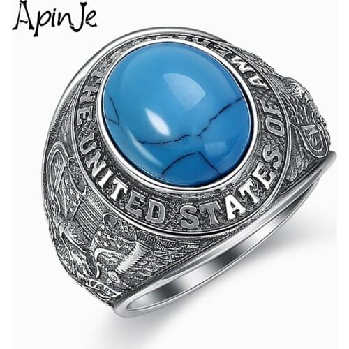 Apinje Vintage 925 Sterling Silver Ring for Men Agate Punk Signet Antique Blue Stone Rings Man Gothic Party Jewelry